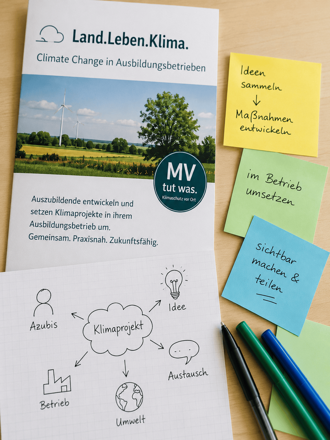 Projekt-Mockup mit Flyer, Notizen und Skizzen zu Klimaprojekten in Ausbildungsbetrieben.