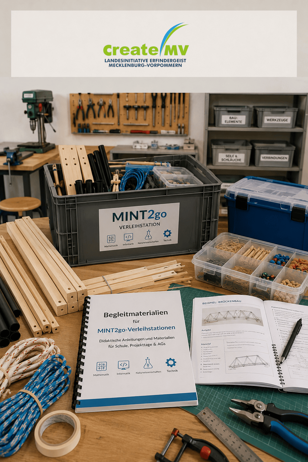 MINT2go-Verleihstation mit Materialkisten, Anleitungen und Arbeitsmaterialien im Werkraum.
